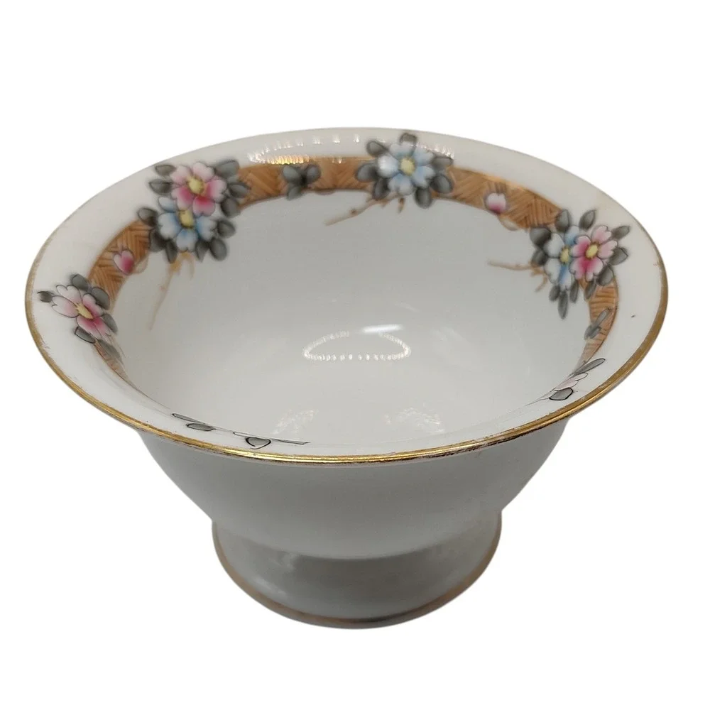 Antique Nippon Bowl Footed Hand Painted‎ Floral Gold Trim Candy Dish Rising Sun